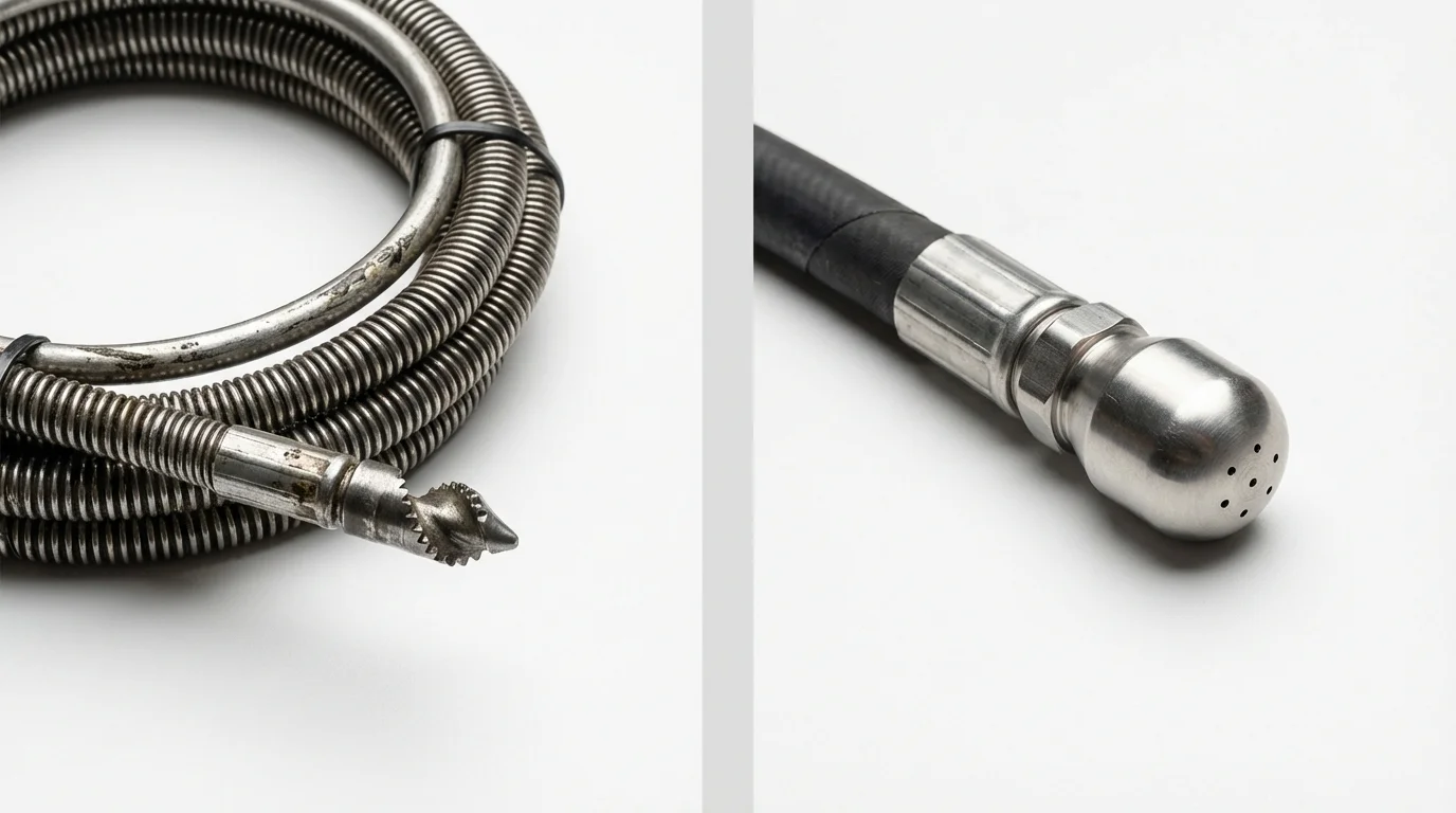 Drain snake cable and hydro jetting nozzle used for drain cleaning in Berkeley Heights, NJ